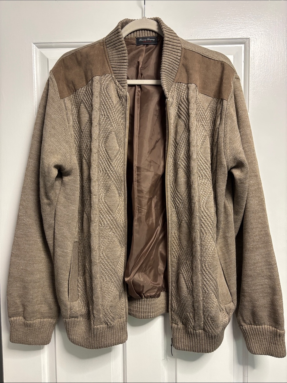 Daniel G Company Made in Italy Men’s XL Cable Knit Sweater Jacket Suede Trim